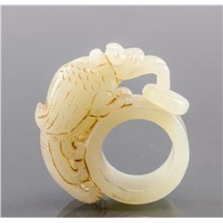 Chinese Hetian White Jade Carved Beast Ring