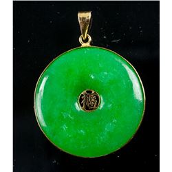 14K Gold Emerald Green Jadeite Carved Pendant