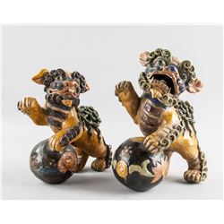 Pair Chinese Tang Style Crackle Glaze Pottery Lion