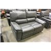 Image 8 : NEW WHITNEY 3 PIECE GREY LEATHER MODERN MOTION RECLINING SOFA SET, WITH WHITE STICHING AND DROP DOWN