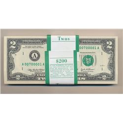 Lot of 100 Consecutive 2003A $2 Boston Federal Reserve Notes