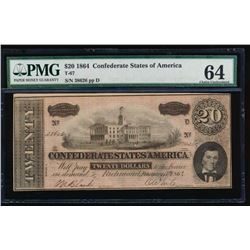 1864 $20 Confederate State of American Note PMG 64
