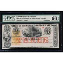 1840-70s $3 South Carolina Obsolete Note PMG 66EPQ