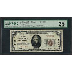 1929 $20 National Currency Note Jacksonville, Illinois CH# 5763 PMG Very Fine 25