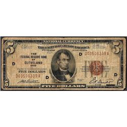 1929 $5 Federal Reserve Bank Note Cleveland, OH