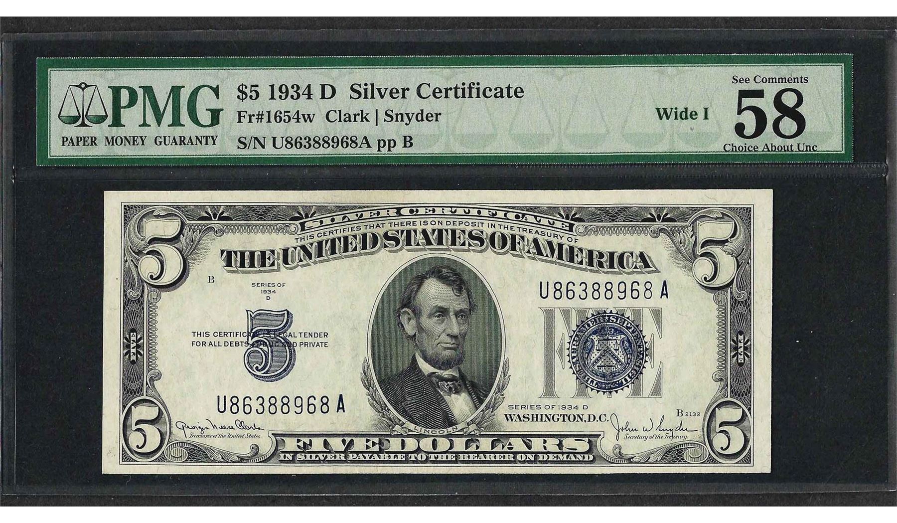 1934D $5 Silver Certificate Note Wide I Fr 1654w PMG Choice About 1934D $5 Silver Certificate Note Wide I Fr 1654w PMG Choice About