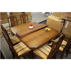 CHERRY WOOD DINING TABLE WITH 6 WOOD FRAME DINING CHAIRS, 2 LEAVES, AND HUTCH