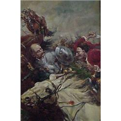 American Illustration (20th Century), IN THE HEAT OF BATTLE, oil painting on canvas, 36 x 24",...