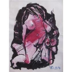 Theodore Berkic (20th Century) American, RED NUDE, 1984, acrylic painting on paper, 23 1/2 x 17...