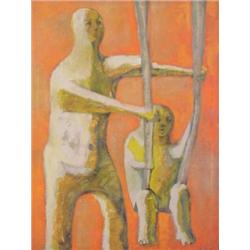Morris Broderson (b. 1928) Californian, THE SWING, 1957, oil painting on canvas, 47 1/2 x 36",...