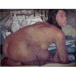Jorge Gonzalez Camarena (b. 1908) Mexican, MUJER SENTADO, 1961, oil painting on canvas, 39 1/4...