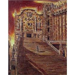 George Crionas (20th Century) American, THE STAIRWAY, acrylic painting on canvas, 27 1/2 x 21 1...
