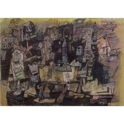 Ynez Johnston (b. 1920) Californian, CITY UNDER A CLOUD, 1958, oil, gouache and ink drawing on...