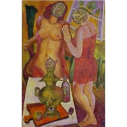 A. A. Kaebep (20th Century) Russian, TWO WOMEN, acrylic painting on textured canvas, 69 x 39",...