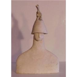 Mekong Lim (20th Century), FIGURE WITH MAN ATOP VASE HEADDRESS, a glazed ceramic sculpture, 18...