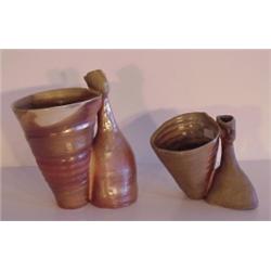 Mekong Lim (20th Century) (two), FIGURE WITH VASE, a pair of glazed ceramic vases, 8" & 5" tall...