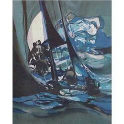 Marcel Mouley (b. 1918) French (two), LES GRANDS YACHTMEN BLEUS, 1990, color lithograph, signed...