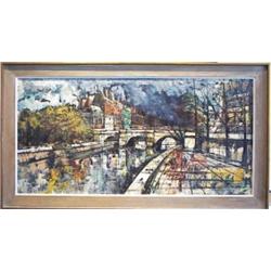 Papaluca (20th Century) European, CITY BRIDGE, oil painting on canvas, 24 x 48", signed lower r...