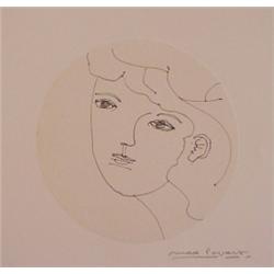 Max Papart (1911-) French, PROFILE LEFT, ink drawing on circular paper, collaged to larger shee...