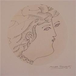 Max Papart (1911-) French, PROFILE RIGHT, ink drawing on circular paper, collaged to larger she...