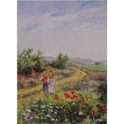 H. Claude Pissaro (b. 1935) French, LES GUMINS AUX CONQUELICATS, rich color pastel on stiff wov...