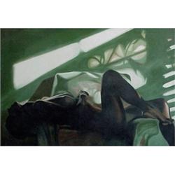 S. Reyes (20th Century) Latin American, WOMAN LYING IN CHAIR, 1977, oil painting on canvas, 28...