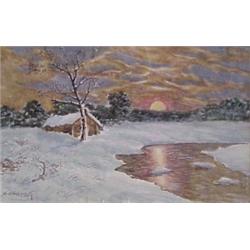 Dey Ribcowsky (1880-1936) Bulgarian/California, SNOWSCAPE, watercolor on paper, 6 1/2 x 10 1/2"...