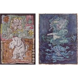 Sashi Shah (20th Century) (two), DOGS & TURTLES, two acrylic paintings on manipulated paper, ea...
