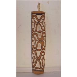 Tribal Art, SHIELD, a carved & painted wood shield, 35 1/2 x 11 x 3", with carved hand-brace on...