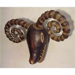 Tribal Art, ANIMAL MASK (Ram), carved wood wrapped with leather, reed base, stylized wood teeth...