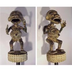 Tribal Art, FIGURE, a cast and painted metal statue, 17" high, 7" wide, 7" deep, base area refl...