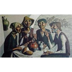 Jesus Villar (b. 1930) Spanish, PEASANT MEAL, oil painting on canvas, 31 x 51", signed lower le...