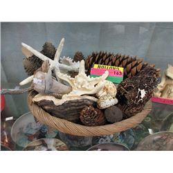 Wicker Basket of Seashells, Pine Cones & More