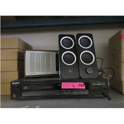 Logitech Speakers, Sony Disc Player & Radio