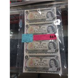 Four 1973 Canadian $1 Bill in Sequence - Mint