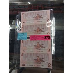 Four 1986 Canadian $2 Bill in Sequence - Mint