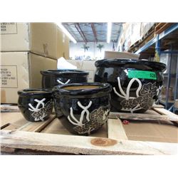 New 4 Piece Black Glazed Ceramic Plant Pot Set