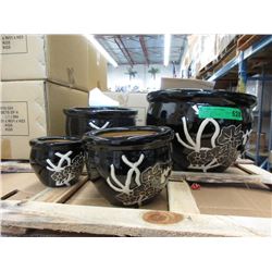 New 4 Piece Black Glazed Ceramic Plant Pot Set