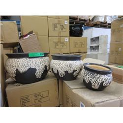 Set of 3 New Beige & Charcoal Ceramic Plant Pots