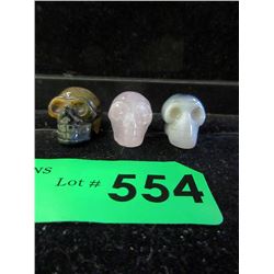 3 Mini Carved Gemstone Skulls - 1"