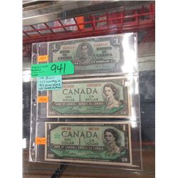3 Canadian $1 Bills - 1937, 1954, and 1967