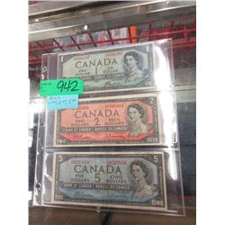 1954 Canadian $1, $2 and $5 Bills - One of each
