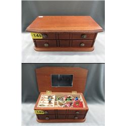 Large Wood Jewelry Box & Contents