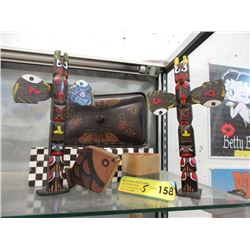 Vintage 10" Totem Pole & 3 Collectible Containers