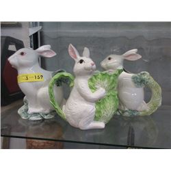 3 Glazed Ceramic Bunny Pitchers - Tallest 11"