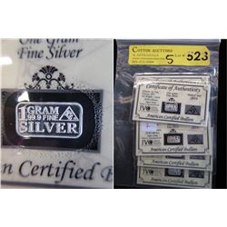 5 American Certified Bullion .999 Silver  Bars