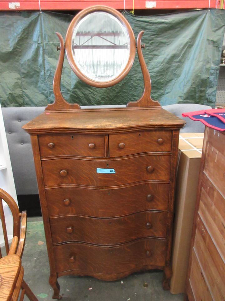 Vintage Oak Mirror Dresser With Serpentine Front