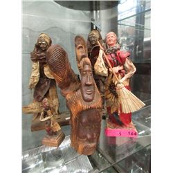 12" Tall Wood Carving & 4 Paper Art Figurines