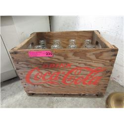 Wood Coca-Cola Crate with 12 Glass Milk Bottles