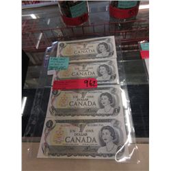 Four 1973 Gem Mint Sequential Canadian $1 Bills